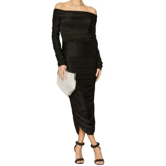 Bronx and Banco | Dresses | Bronx And Banco Black Amara Ruched Off The Shoulder  Long Sleeve Midi Dress Sz L | Poshmark